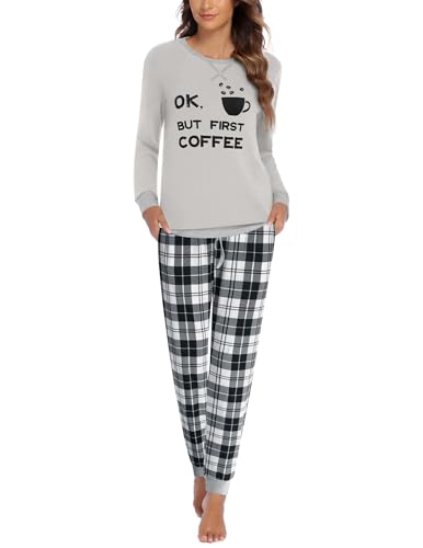 Ekouaer Schlafanzug Damen Lang Winter Pyjama Set Zweiteiliger Sleepwear Langarm Nachtwäsche Lang Schlafhose O-Ausschnitt Hausanzug Schwarz+Weiß L von Ekouaer