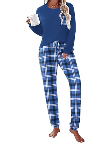 Ekouaer Schlafanzug Damen Lang Zweiteiler Pyjama Langarm Warm Pyjama Set Weich Nachtwäsche Kariert Loungewear Damen Winter Pyjama Blau XL von Ekouaer