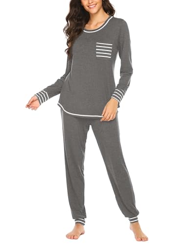 Ekouaer Schlafanzug Damen Lang Zweiteiler Pyjama Langarm Warm Pyjama Set Weich Nachtwäsche Streifen Taschen Loungewear Mittelgrau XXL von Ekouaer