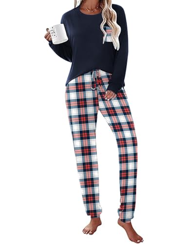 Ekouaer Schlafanzug Damen Lang Zweiteiler Pyjama Winter Hausanzug Langarm Schlafanzughose Damen Lang Nachtwäsche Warm Kariert, Navy, L von Ekouaer