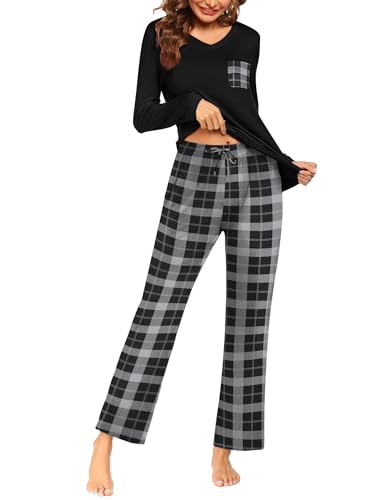 Ekouaer Schlafanzug Damen Lang Zweiteiliger Schlafanzugs Langarm Nachtwäsche Pyjama Set V Ausschnitt mit Kordelzug Hausanzug Karierte Schwarz XXL von Ekouaer