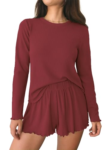 Ekouaer Schlafanzug Damen Langarm Loungewear Pyjama Set Rundhals Lang Nachtwäsche Zweiteiliger Hausanzug Weich, Rot L von Ekouaer