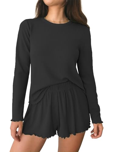Ekouaer Schlafanzug Damen Langarm Loungewear Pyjama Set Rundhals Lang Nachtwäsche Zweiteiliger Hausanzug Weich, Schwarz L von Ekouaer