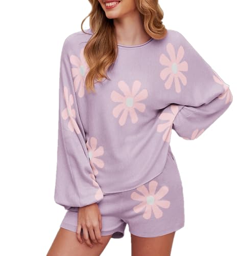 Ekouaer Schlafanzug Damen Langarm Pyjama Gestrickt Zweiteiliger Loungewear Sweater Set mit Kurz Hose Outfit Lässig Geblümt Lila M von Ekouaer