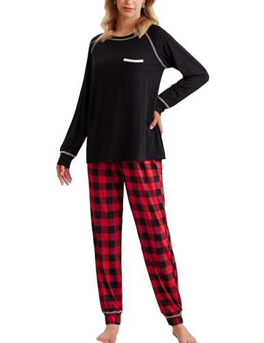 Ekouaer Schlafanzug Damen Langarm Pyjama Set Baumwolle Kariert Herbst Winter Schlafanzüge für Damen Lang Hose Schwarz von Ekouaer