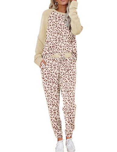 Ekouaer Schlafanzug Damen Langarm Pyjama Set Hausanzug Weich Zweiteiliger Bequem Loungesets Rund Ausschnitt Nachtwäsche Aprikose Leopard M von Ekouaer