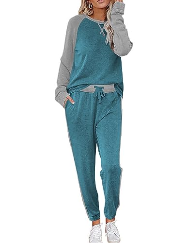 Ekouaer Schlafanzug Damen Langarm Pyjama Set Hausanzug Weich Zweiteiliger Bequem Loungesets Rund Ausschnitt Nachtwäsche Dunkelpfauenblau L von Ekouaer