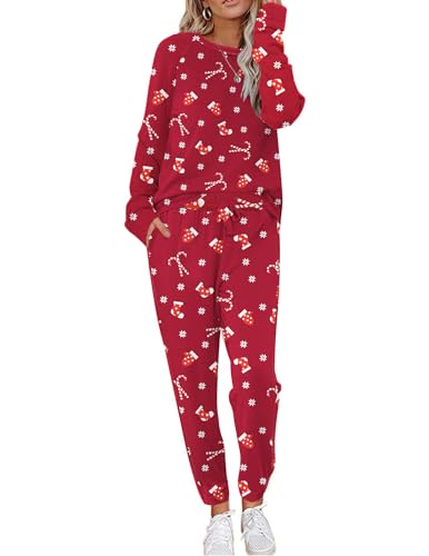 Ekouaer Schlafanzug Damen Langarm Pyjama Set Hausanzug Weich Zweiteiliger Bequem Loungesets Rund Ausschnitt Nachtwäsche Rot Weihnachten M von Ekouaer