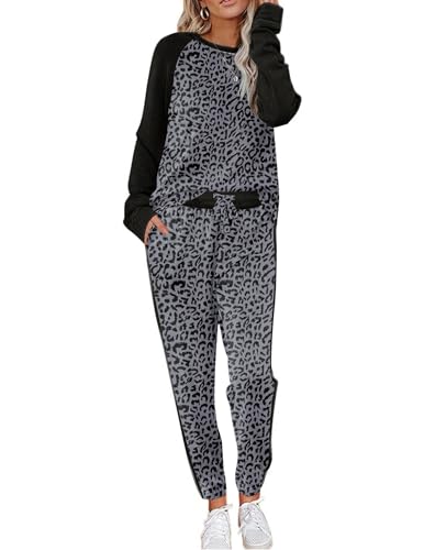 Ekouaer Schlafanzug Damen Langarm Pyjama Set Hausanzug Weich Zweiteiliger Bequem Loungesets Rund Ausschnitt Nachtwäsche Schwarzer Leopard XXL von Ekouaer