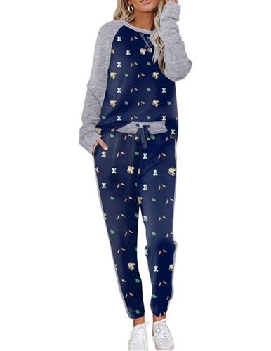 Ekouaer Schlafanzug Damen Langarm Pyjama Set Hausanzug Weich Zweiteiliger Bequem Loungesets Rund Ausschnitt Nachtwäsche Teddy Bear Navyblau XL von Ekouaer