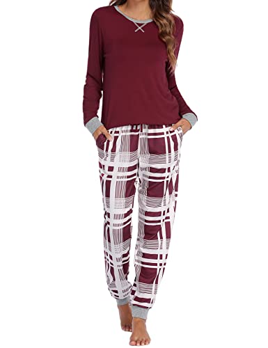 Ekouaer Pyjama Damen Langarmshirt Schlafanzug Frauen Nachtwäsche V-Ausschnitt Zweiteiliger Karierte Pjs Sets Hausanzug,Rot,XXL von Ekouaer