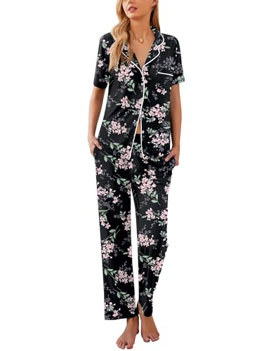 Ekouaer Schlafanzug Damen Long Pyjama Set Kurz Kurzarm und Lange Hose Hausanzug Lounge Set Knopf Nachtwäsche Damen, Schwarze Blumen, XXL von Ekouaer