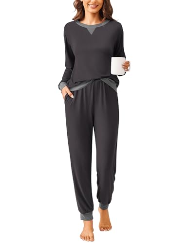 Ekouaer Schlafanzug Damen Lang Pyjama Baumwolle Nachtwäsche Winter Pyjama Set Star Zweiteiliger mit Rundhals Elastischer Bund Taschen grau S von Ekouaer