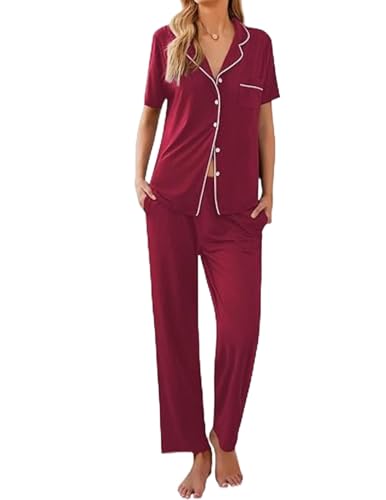 Ekouaer Schlafanzug Damen Long Pyjama Lang Set Kurz Kurzarm und Lange Hose Hausanzug Lounge Set Knopf Nachtwäsche Damen, Rot, XXL von Ekouaer