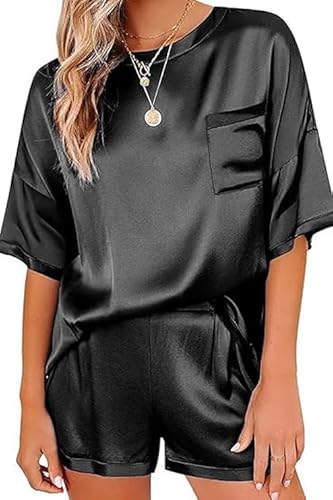 Ekouaer Schlafanzug Damen Kurz Satin Pyjama Set Pijamas Damen Set Sommer Nachtwäsche Kurz Hausanzug Top Loungewear Sleepwear Zweiteilige,Schwarz,L von Ekouaer