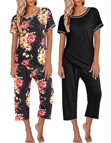 Ekouaer Schlafanzug Damen Pyjama Set Kurzarm Top mit 3/4 Lang Schlafhose Zweiteiliger Nachtwäsche, Blumen3+Schwarz, M von Ekouaer