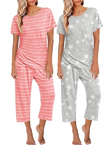 Ekouaer Schlafanzug Damen Pyjama Set Kurzarm Top mit 3/4 Lang Schlafhose Zweiteiliger Nachtwäsche 2er Pack, Rosa+Grau, S von Ekouaer
