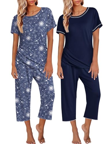 Ekouaer Pyjama Set Damen Schlafanzug Kurzarm Top mit 3/4 Lang Schlafhose Zweiteiliger Nachtwäsche 2er Pack, Stern+Navy, XL von Ekouaer
