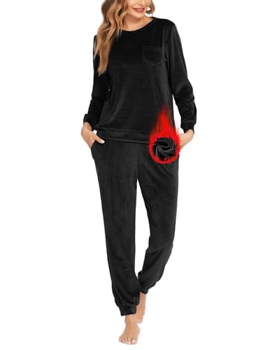 Ekouaer Schlafanzug Damen Pyjama Set Lang Rundhals Velour Freizeitanzug Winter Warm Hausanzug mit Taschen Schwarz XXL von Ekouaer