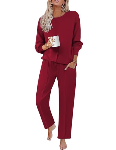 Ekouaer Schlafanzug Damen Lang Pyjama Set Nachtwäsche Rundhals Schlafanzüge Herbst Women's Loungewear, Weinrot, M von Ekouaer