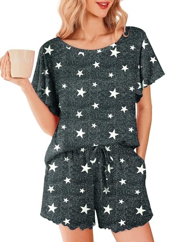 Ekouaer Schlafanzug Damen Kurz Pyjamas Set Nachtwäsche Kurzarm Zweiteiliger Casual Sommer Sleepwear Stern Dunkelgrau M von Ekouaer