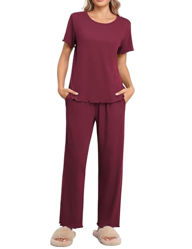 Ekouaer Schlafanzug Damen Pyjamas Set Winter Kurzarm Nachtwäsche Zweiteiliger Hausanzug Rundhals Loungewear Set mit Taschen Weinrot XL von Ekouaer