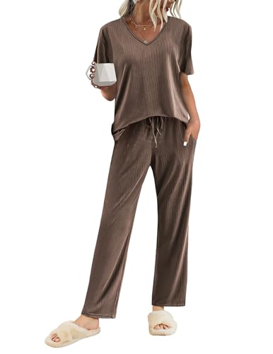 Ekouaer Schlafanzug Damen Rippen Pyjama Set Oberteil und Lang Hose Sleepwear Braun XXL von Ekouaer