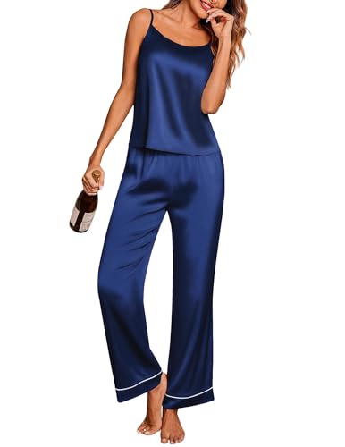 Ekouaer Schlafanzug Damen Satin Camisole Top Pyjama Set Kurz Schlafanzüge Zweiteiliger Sleepwear, Blau M von Ekouaer