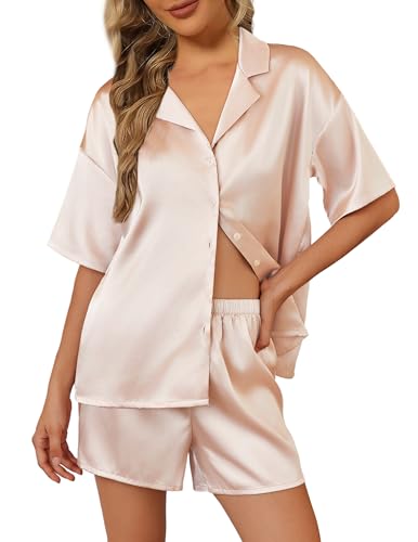 Ekouaer Schlafanzug Damen Satin Pyjama Kurzarm Pjs Set Nachtwäsche mit Knopfleiste Zweiteiliger Loungewear Champagner L von Ekouaer