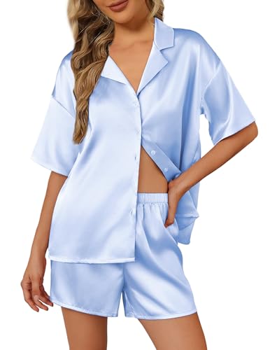 Ekouaer Schlafanzug Damen Satin Pyjama Kurzarm Pjs Set Nachtwäsche mit Knopfleiste Zweiteiliger Loungewear Hellblau M von Ekouaer