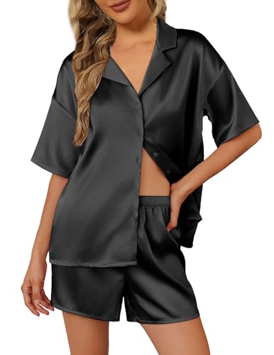 Ekouaer Schlafanzug Damen Satin Pyjama Kurzarm Pjs Set Nachtwäsche mit Knopfleiste Zweiteiliger Loungewear Schwarz S von Ekouaer
