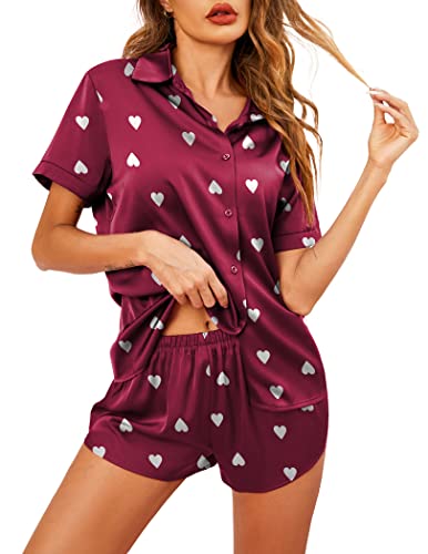 Ekouaer Schlafanzug Damen Satin Pyjama Set Kurzarm Zweiteiliger Nachtwäsche Sleepwear Outfit Rot Herz XXL von Ekouaer