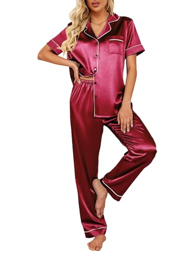 Ekouaer Schlafanzug Seide Damen Satin Pyjama Damen Schlafanzug Satin mit Knopfleiste, Weinrot, XXL von Ekouaer