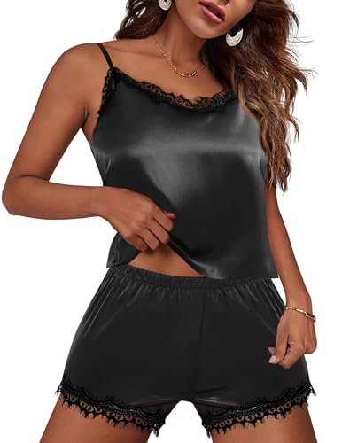 Ekouaer Schlafanzug Damen Satin Sexy Pyjama Damen Spitzen Pyjama Set Cami Dessous Sets Nachtwäsche Zweiteiliger Pjs Sets Schwarz XL von Ekouaer