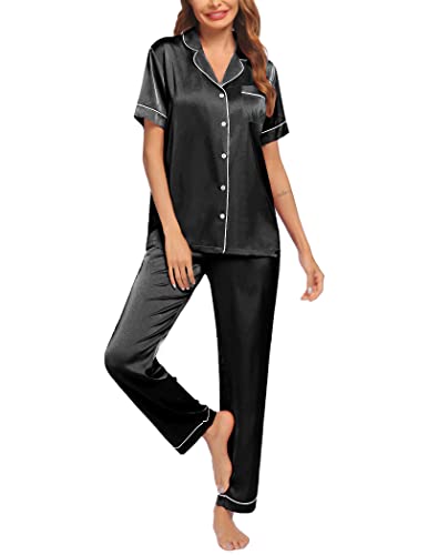 Ekouaer Schlafanzug Damen Seide Pyjama Set mit Knopf Frauen Seide Schlafanzug Damen Seide Lang Zweiteiliger Pjs Sets Hausanzug,Schwarz,L von Ekouaer