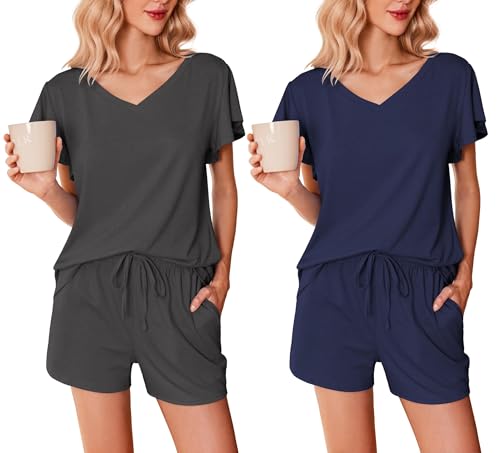 Ekouaer Schlafanzug Damen Sommer Kurz Pyjama Set 2 Pack Kurzarm Shorts Nachtwäsche Loungewear,Dunkelgrau + Marineblau, XXL von Ekouaer