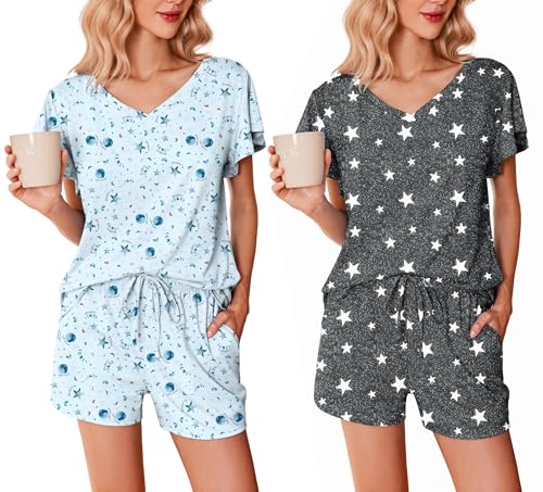 Ekouaer Schlafanzug Damen Sommer Kurz Pyjama Set 2 Pack Kurzarm Shorts Nachtwäsche Loungewear,Hellblaue Sterne + Dunkelgraue Sterne, S von Ekouaer