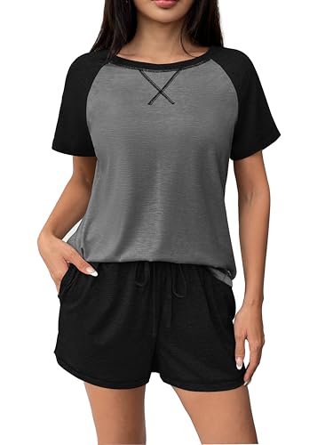Ekouaer Schlafanzug Damen Sommer Kurz Pyjama Set Kurzarm Shorts Nachtwäsche Hausanzug,Dunkelgrau, M von Ekouaer