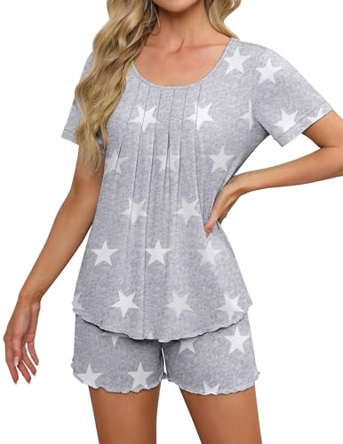 Ekouaer Schlafanzug Damen Sommer Kurz Pyjama Set Kurzarm Shorts Nachtwäsche Loungewear,Graue Sterne, M von Ekouaer