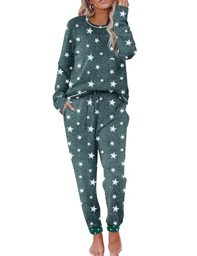 Ekouaer Schlafanzug Damen Star Pyjama Set Rundhals Loungewear Winter Nachtwäsche Zweiteiliger Schlafanzüge Lounge Set Langarm Hausanzug für Frauen,Dunkelgrau,L von Ekouaer