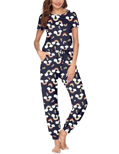 Ekouaer Schlafanzug Damen Kurzarm Pyjama Set Sleepwear Zweiteilig Baumwolle Shorty Nachtwäsche für Sommer Regenbogen L von Ekouaer