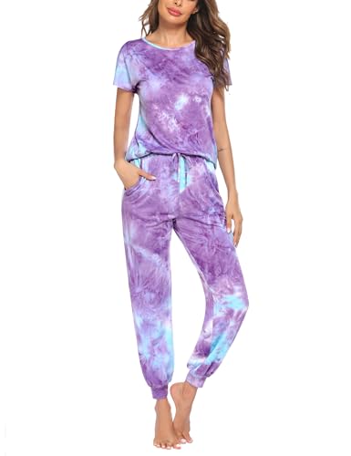 Ekouaer Schlafanzug Damen Süß Rundhals Print Oberteil Kurz Fit Pyjama Set Tie dye L von Ekouaer