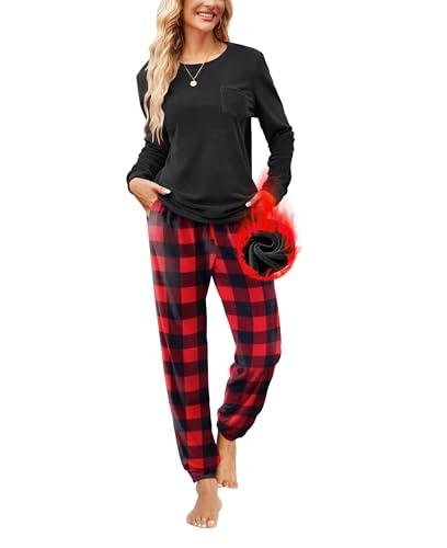 Ekouaer Schlafanzug Damen Velour Pyjama Set Lang Zweiteiliger Nachtwäsche Herbst Winter Warm Hausanzug Rundhals mit Taschen Rot Kariert XL von Ekouaer