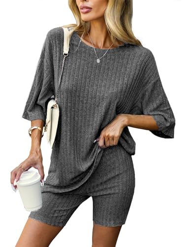 Ekouaer Schlafanzug Damen Zweiteiliger Pyjama Set Sleepwear Weich Nachtwäsche Hausanzug Pyjamas Frauen Oberteil und Pyjamahose Grau XXL von Ekouaer