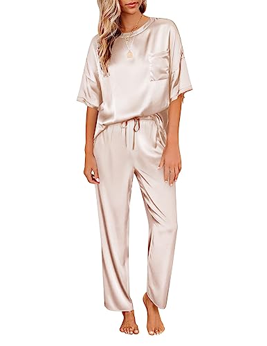 Ekouaer Schlafanzug Damen Lang Zweiteiler Pyjama Satin Hausanzug Kurzarm Pyjama Set mit Taschen Nachtwäsche Lang Hose, Champagner, L von Ekouaer