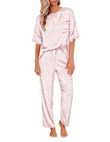 Ekouaer Schlafanzug Damen lang Zweiteiler Pyjama Satin Hausanzug Kurzarm Pyjama Set mit Taschen Nachtwäsche Lang Hose, Rosa-Leopard, L von Ekouaer