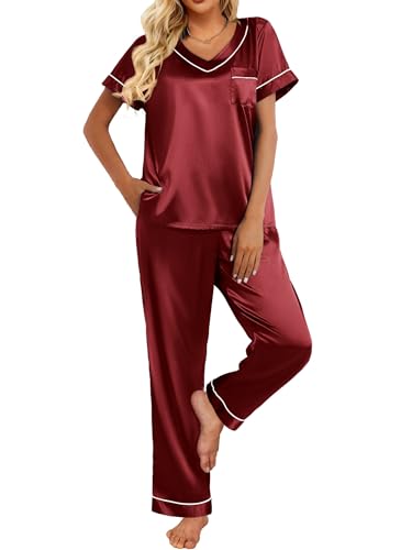 Ekouaer Schlafanzug Damen lang Zweiteiler Pyjama Satin Hausanzug Kurzarm Pyjama Set mit Taschen Nachtwäsche Lang Hose Rot L von Ekouaer