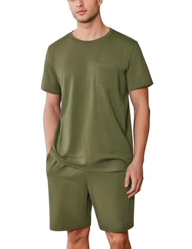 Ekouaer Schlafanzug Herren Kurz Baumwolle Sommer Pyjama Set Kurzarm und Shorts, Grün, M von Ekouaer