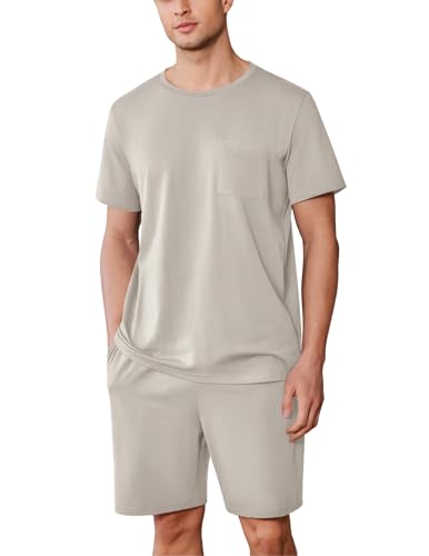 Ekouaer Schlafanzug Herren Kurz Baumwolle Sommer Pyjama Set Kurzarm und Shorts, Grau, S von Ekouaer