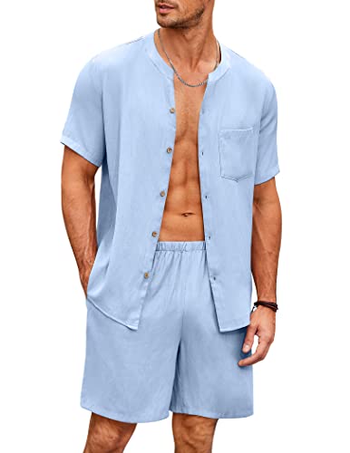 Ekouaer Schlafanzug Herren Kurz Pyjama Set Baumwolle Nachtwäsche Knöpfe Sommer Hausanzug, Hellblau, L von Ekouaer